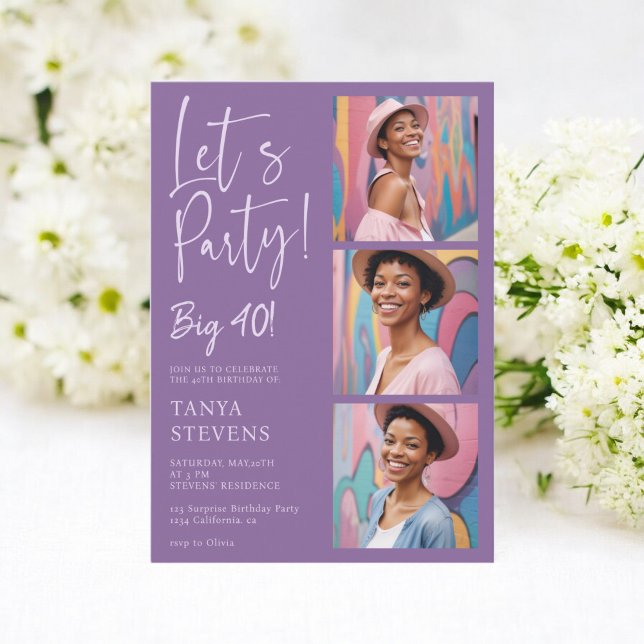 Party Foto lila Lavendel 40 Geburtstag Einladung (Let's party photo purple lavender forty birthday invitation)