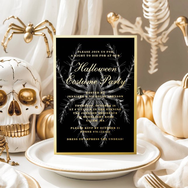 Party für das graue Spieglein Folieneinladung (Creepy Spider Halloween Costume Party Gold Foil Invitation)
