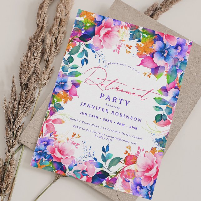 Party für das lebendige Blumenwesen im Garten Einladung (Vibrant Garden Floral Retirement Party Invitation)