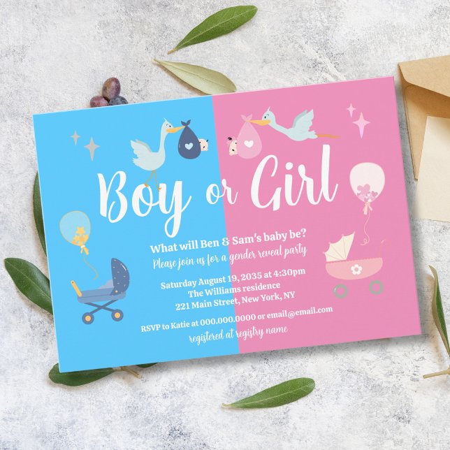 Party für das moderne Blaupink-Geschlecht von Jung Einladung (Boy or Girl Modern Blue Pink Gender Reveal Party Invitation
)