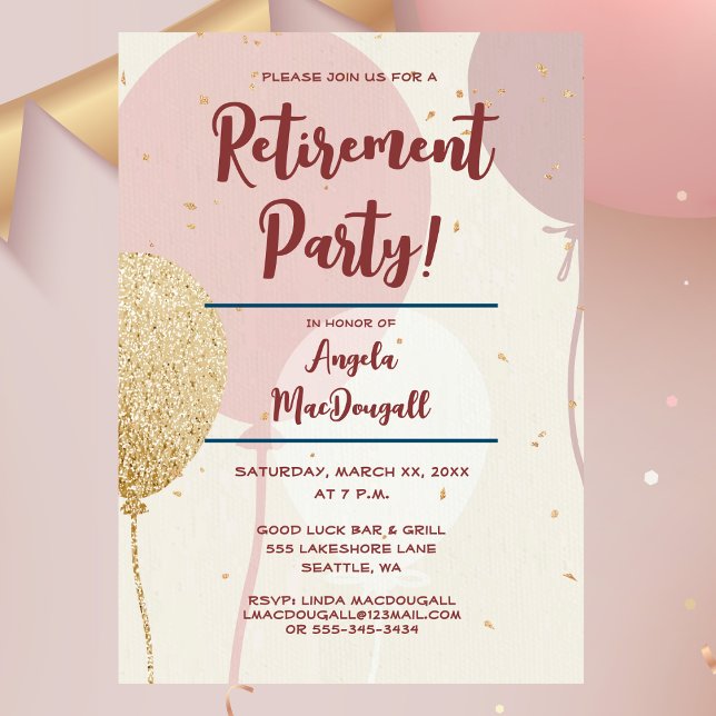 Party für die Altersversorgung Rosa und Gold Einladung (Retirement Party, Pink & Gold Balloons Invitation)