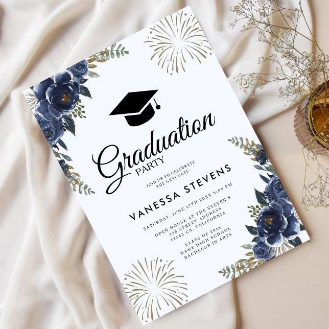 Party für die Graduierung von Navy Blue Floral Einladung (Von Creator hochgeladen)