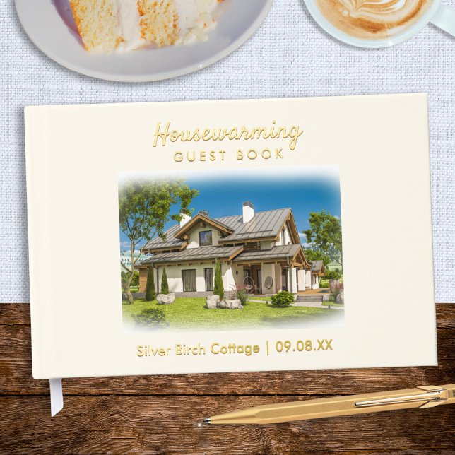 Party für die Haushaltserwärmung Neue Zuhause Begr Gästebuch (A keepsake guest book for your housewarming, to customize with a photo, date, house name and address)