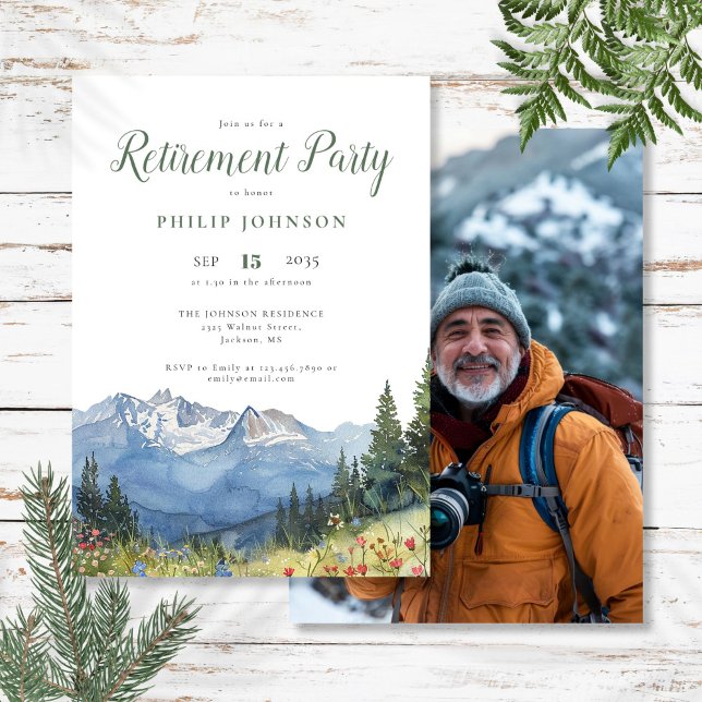Party für die Rückgabe von Fotos in Wasserfarben Einladung (Watercolor Mountain Photo Retirement Party Invitation)