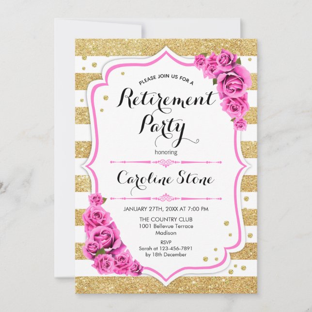 Party für die Ruhestätte - Goldweiße Streifen Rose Einladung (Vorderseite)