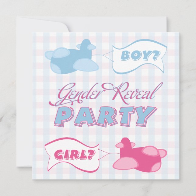Party für Flugzeuge und Banner Gingham Gender Reve Einladung (Vorderseite)
