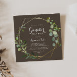 Party für geometrisches goldbraunes grünes Geschle Einladung<br><div class="desc">Dieses geometrische goldbraune grüne Geschlecht offenbart Party Einladung und ist perfekt für ein einfaches Babygeschlecht. Das Design besteht aus handbemalten grünen Blätter in braunem Hintergrund,  die einen geometrischen Rahmen in Gold schmücken.</div>