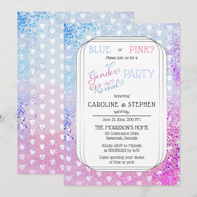 Party für Herz und Konfetti Rosa Blaues Geschlecht Einladung (Vorne/Hinten)