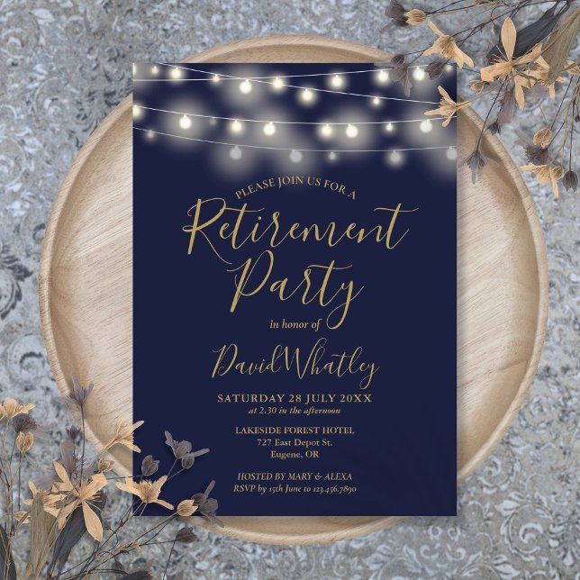Party für Navy Blue und Gold String Lights Retirem Einladung (Navy Blue And Gold String Lights Retirement Party Invitation)