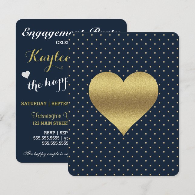 Party für Navy und Gold Heart & Polka Dot Einladung (Vorne/Hinten)