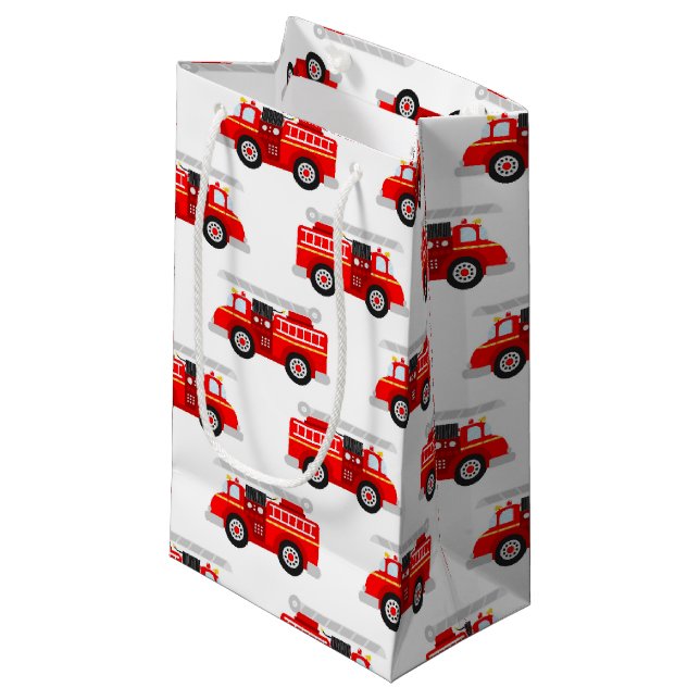 Party für niedliche Kids-Feuerwehrfahrzeuge Kleine Geschenktüte (Vorderseite Schrägansicht)