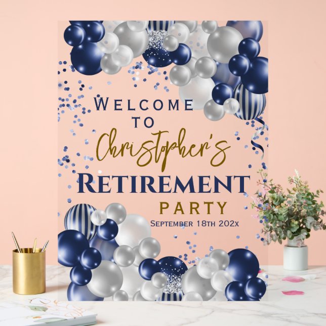 Party für Rentenzahlungen Begrüßung Blaue Balloons Acrylschild (Hochzeit)