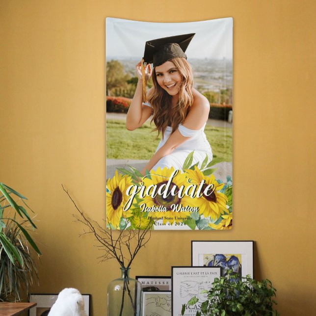 Party für Sonnenblumen Foto Script Graduation Banner (Sunflower Photo Script Graduation Party Banner)