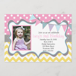 Party Gelb, Blau, Rosa Pendants Geburtstag Einladung