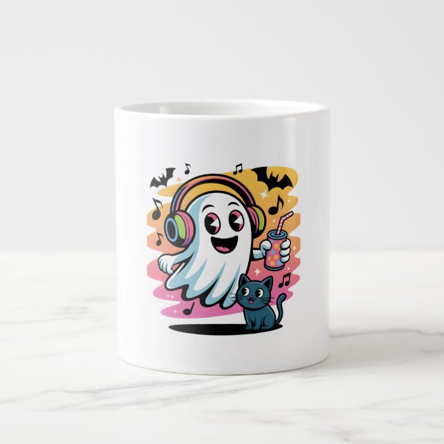 Party Ghost with Cat Cute Halloween Cartoon  Jumbo-Tasse (Vorderseite)