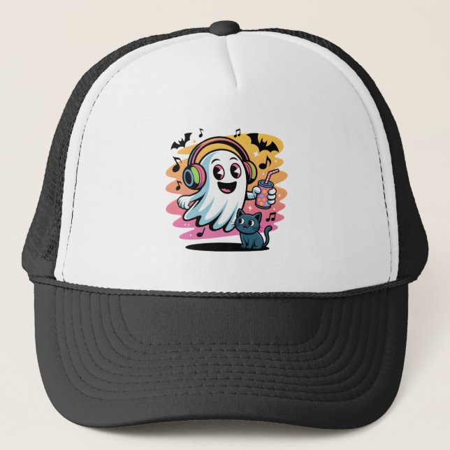 Party Ghost with Cat Cute Halloween Cartoon Truckerkappe (Vorderseite)