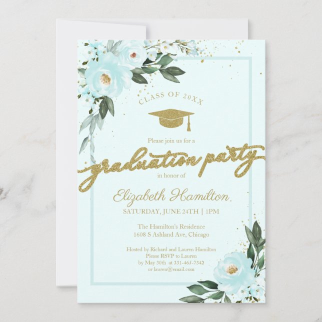 Party Gold Aquamarine Blüte Einladung (Vorderseite)
