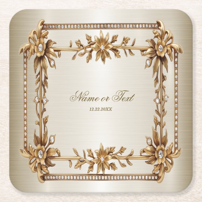 Party Gold Verziert Rectangle Dimond Blume Shiny Rechteckiger Pappuntersetzer (Vorderseite)