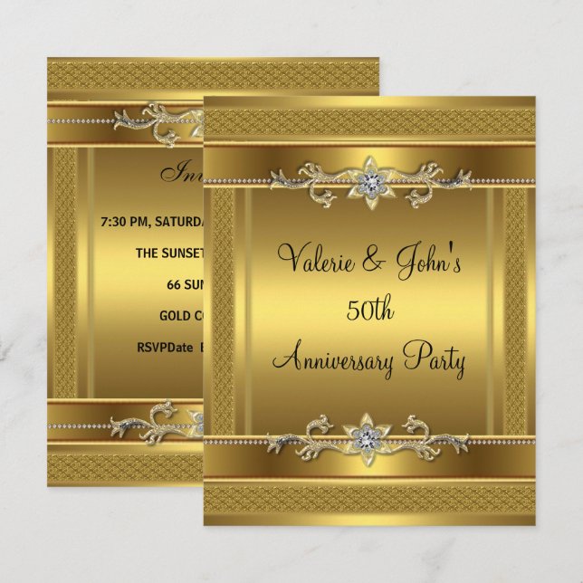 Party Golden Gold Diamond Jewel zum 50. Jubiläum Einladung (Vorne/Hinten)