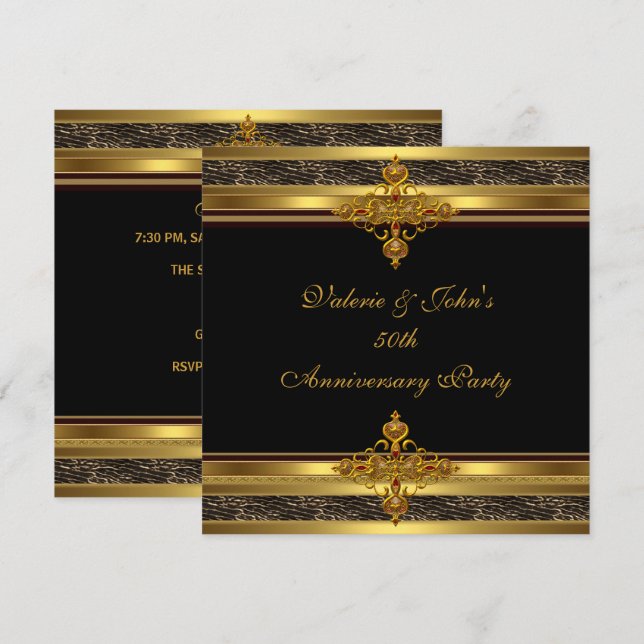 Party Golden Gold Jewel Black zum 50. Jubiläum Einladung (Vorne/Hinten)