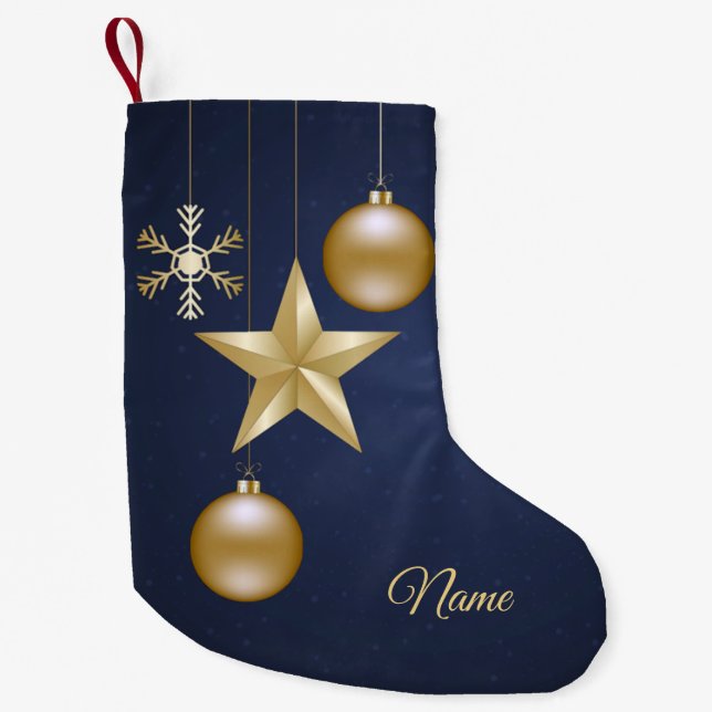 Party Golden Ornaments Navy Blue Elegant Kleiner Weihnachtsstrumpf (Vorderseite)