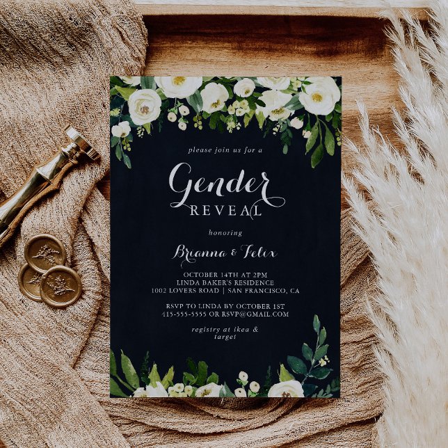 Party "Green White Floral Royal Blue Gender Reveal Einladung (Von Creator hochgeladen)