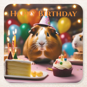 Party Guinea Schweinefleisch mit Kuchen und Ballon Rechteckiger Pappuntersetzer