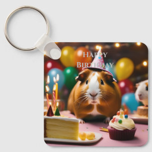 Party Guinea Schweinefleisch mit Kuchen und Ballon Schlüsselanhänger