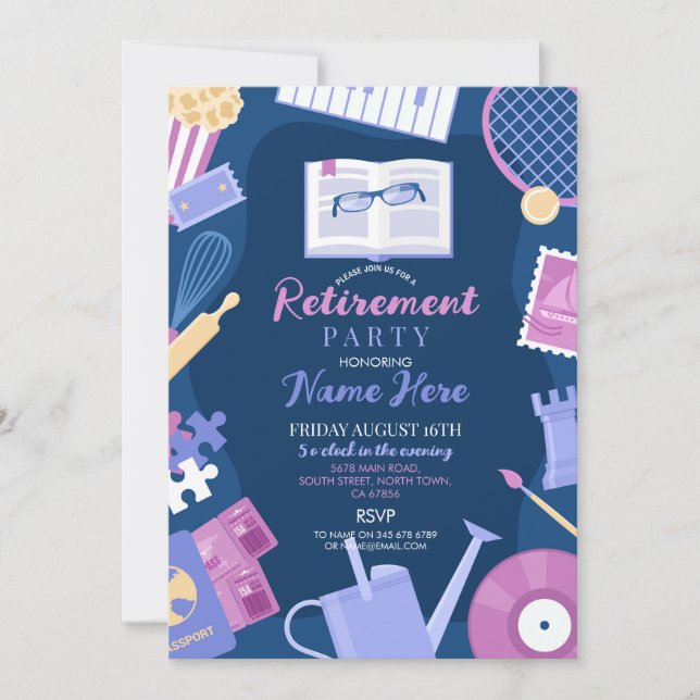 Party Hobbies Navy für Frauen im Ruhestand Einladung (Vorderseite)