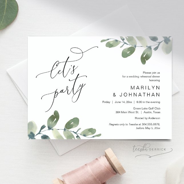 Party, Hochzeit Probe Dinner, Eukalyptus Einladung (Let's Party, Romantic Rehearsal Dinner Invitation Card, Greenery Eucalyptus. Digital Downloadable)