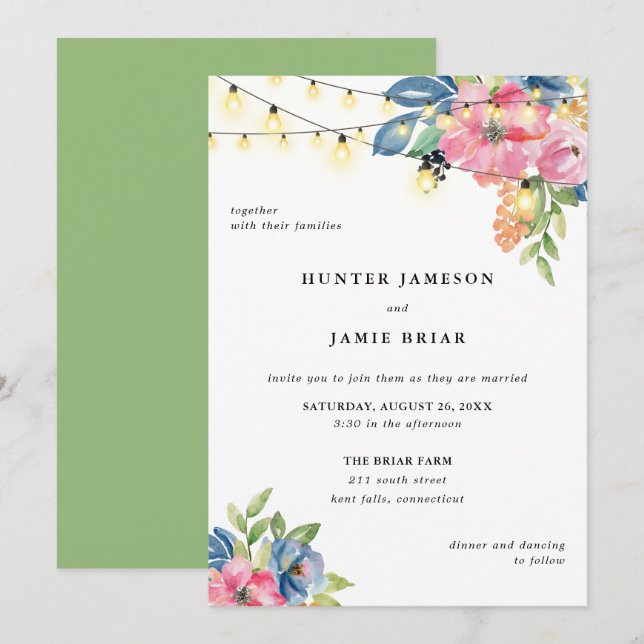 Party im Garten, Blume und Lichter bei Hochzeiten Einladung (Vorne/Hinten)