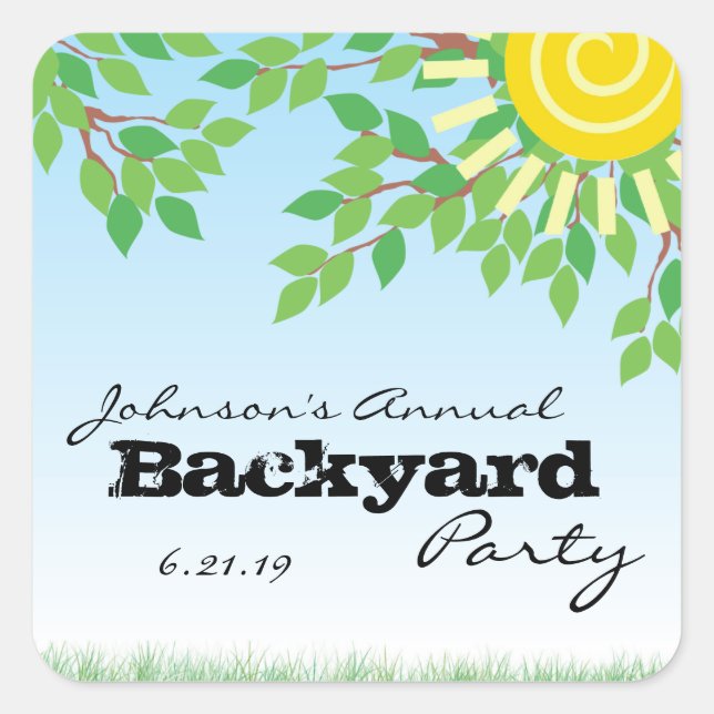 Party im Garten mit Bäumen und Gras Personalisiert Quadratischer Aufkleber (Vorderseite)