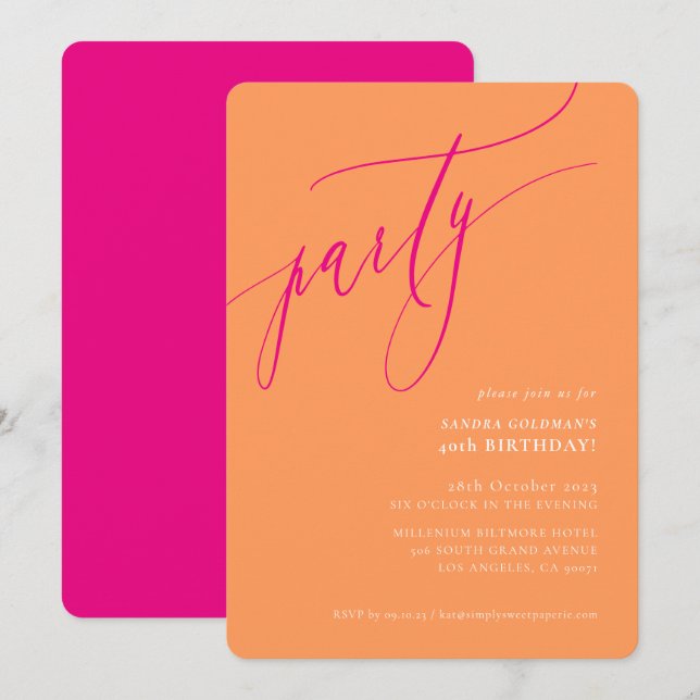 PARTY Kalligraphie stilvoll minimalorange rosa Einladung (Vorne/Hinten)