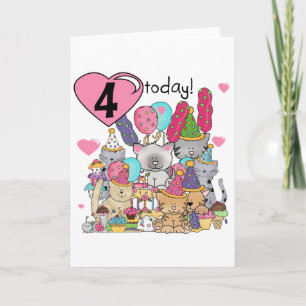 Party Kittens 4. Geburtstag T - Shirt und Geschenk Karte