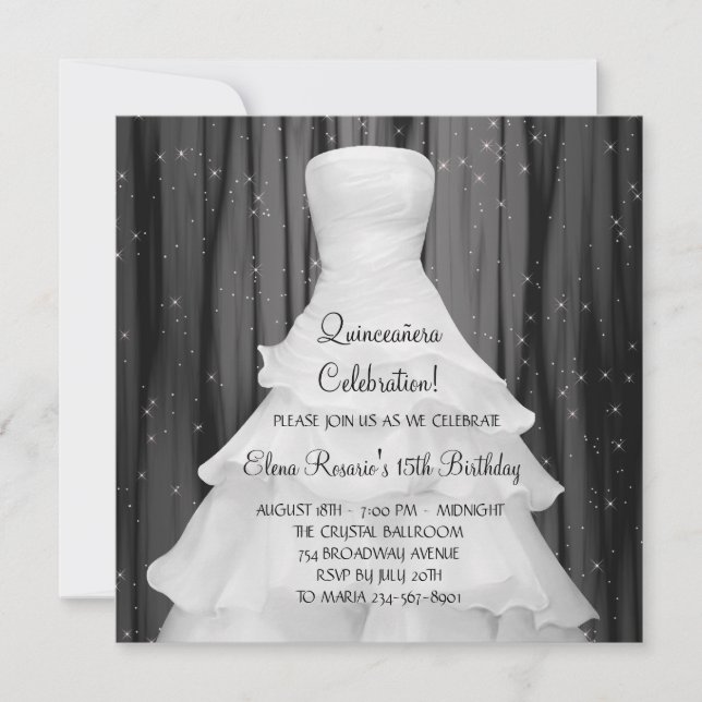 Party Kleid Schwarz-weiß Quinceanera Einladungen (Vorderseite)