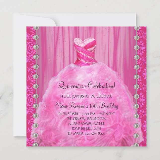Party Kleidung Perlen Hot Pink Quinceanera Einladu Einladung (Vorderseite)