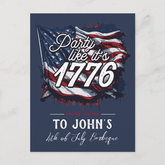 "Party like It’s 1776" Patriotische Einladung Postkarte (Vorderseite)