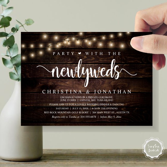 Party mit den Neugierigen, rustikales Hochzeitsess Einladung (Party With The Newlyweds, Rustic Wedding Dinner Invitation card, pdf, in cottage dark wood)