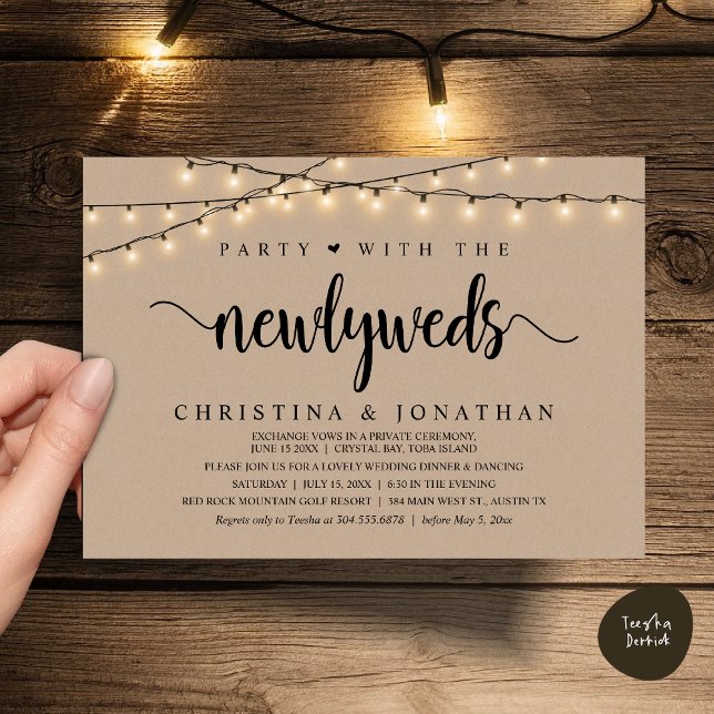 Party mit den Neugierigen, rustikales Hochzeitsess Einladung (Party With The Newlyweds, Rustic Wedding Dinner Invitation Card, PDF, String Lights Brown Kraft)