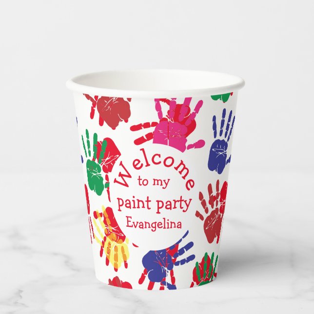 Party mit farbigen Handdrucken für Kinder Pappbecher (Vorderseite)