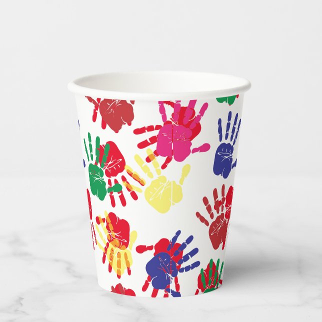 Party mit farbigen Handdrucken für Kinder Pappbecher (Vorderseite)