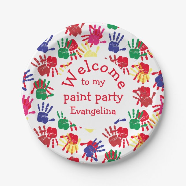 Party mit farbigen Handdrucken für Kinder Pappteller (Vorderseite)