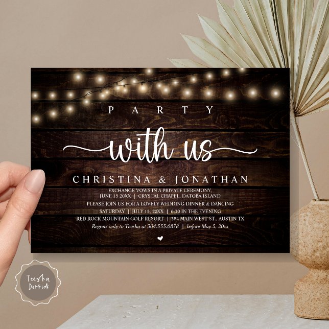 Party mit uns, rustikale Hochzeitsfeier Einladung (Party with us, Rustic Wedding Dinner Elopement Invitation card, pdf, in cottage dark wood)