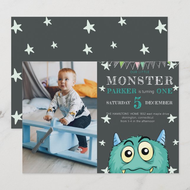 Party Monster Kindergeburtstag Foto Einladung (Vorne/Hinten)