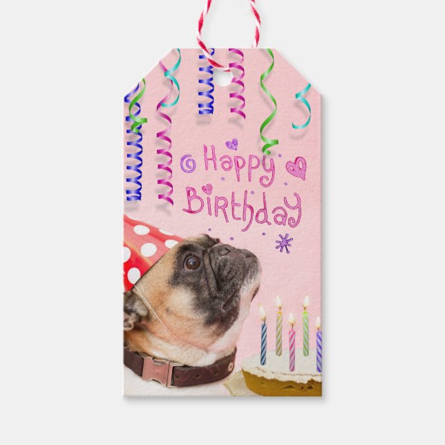 Party Mops und Geburtstagskuchen Geschenkanhänger (Vorderseite)