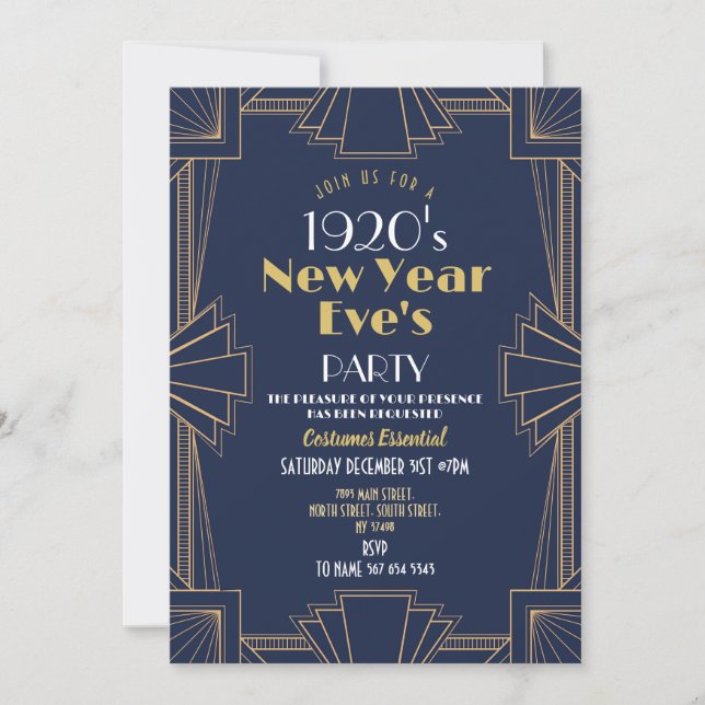 Party Neujahr 1920 Art Deco Navy Gold Einladung (Vorderseite)