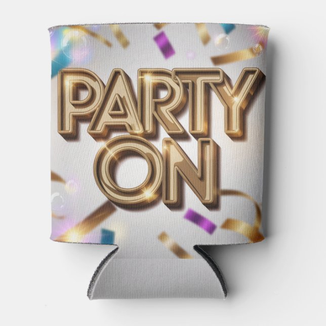 Party On Gold Text Streamers Dosenkühler (Vorderseite)