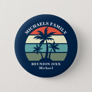 Party Palm Tree Sunset Custom Blue Name Tag Button