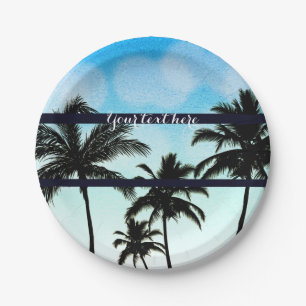 Party Palm Trees Tropical Blue Vintag Night Pappteller