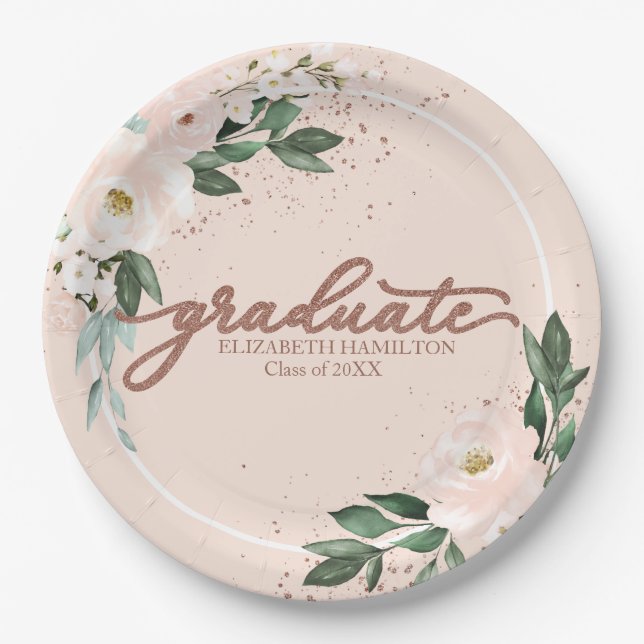Party Paper of Graduate Pink Blush Bloral Graduati Pappteller (Vorderseite)